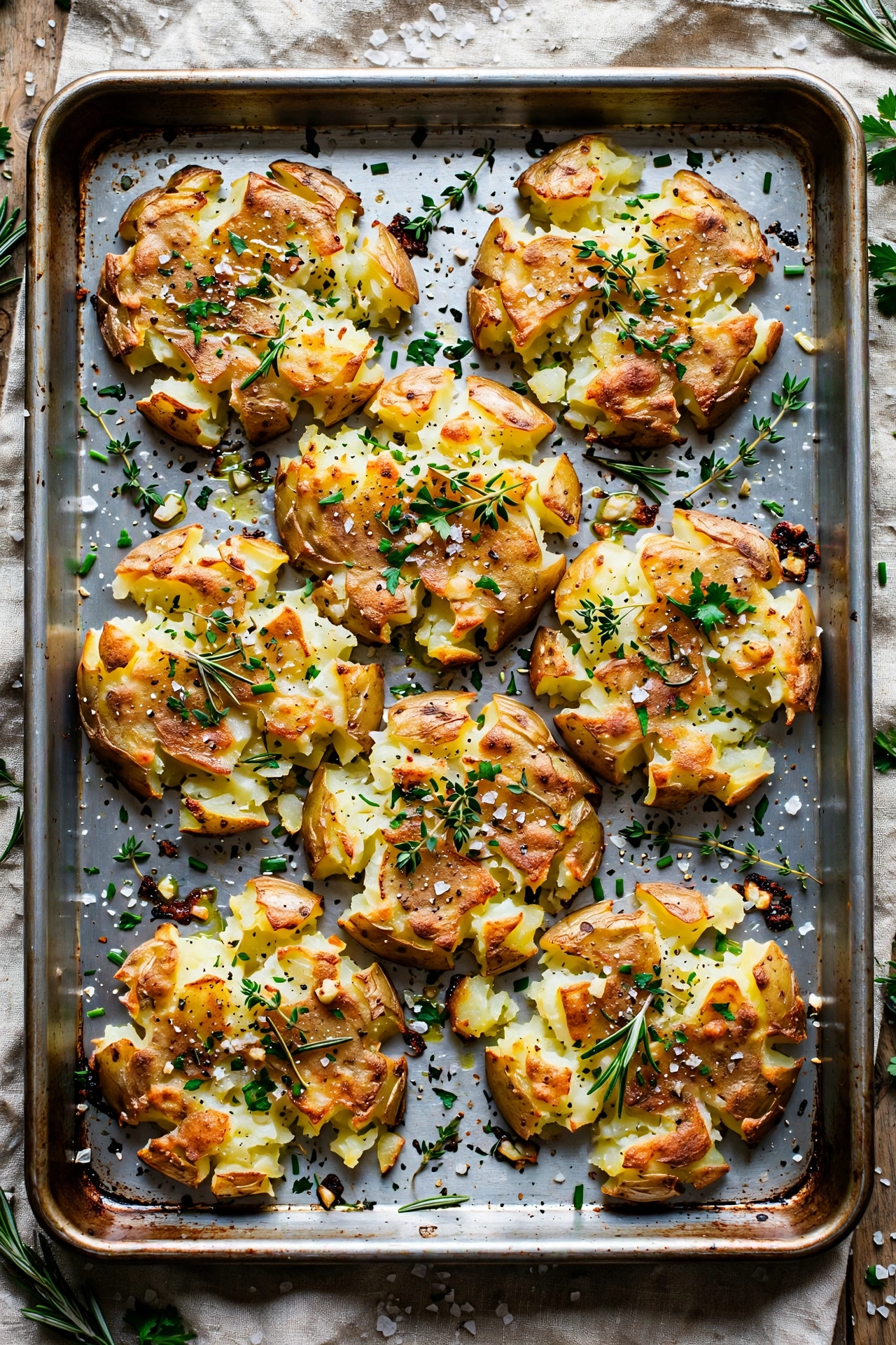 Amazing Easy Smashed Potatoes Recipe (Crispy in 45 Minutes) 6 rispy smashed potatoes on a sheet pan with golden brown edges, garnished with fresh rosemary, thyme, and chopped herbs