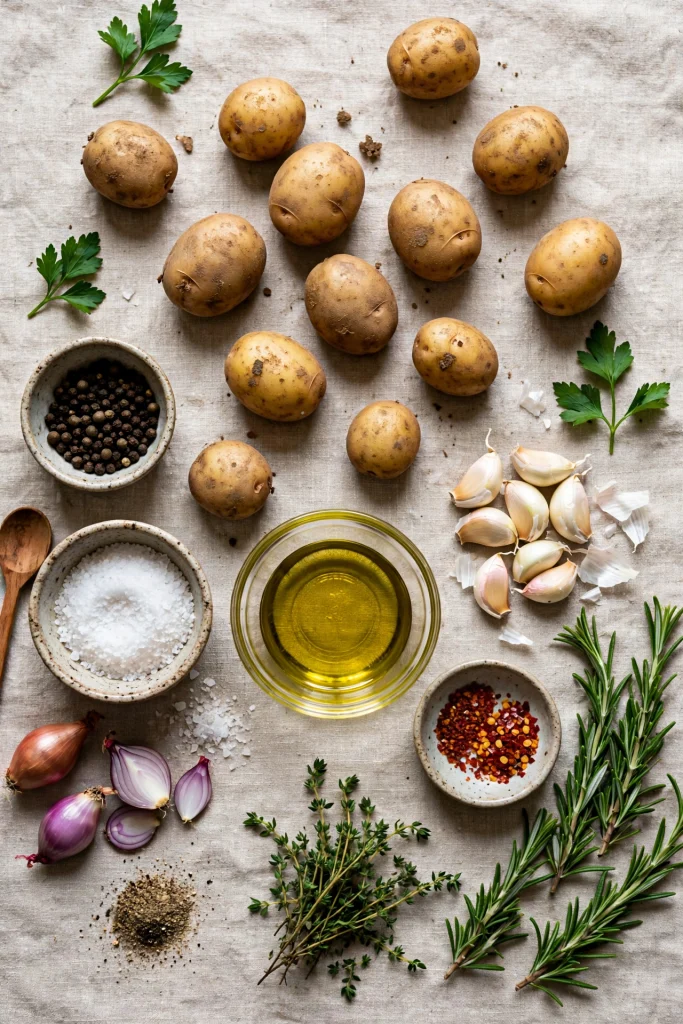 Amazing Easy Smashed Potatoes Recipe (Crispy in 45 Minutes) 3 raw baby potatoes and seasonings for smashed potatoes recipe