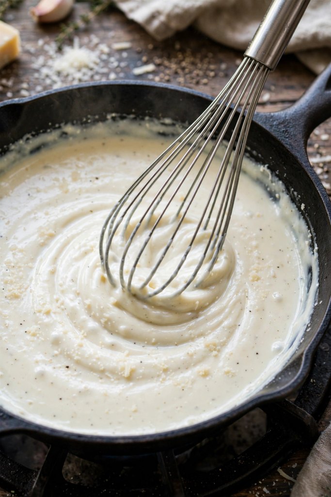 Easy Chicken Alfredo Pasta Recipe (Ready in 30 Minutes) 3 Creamy Parmesan Alfredo sauce being whisked smooth in a skillet