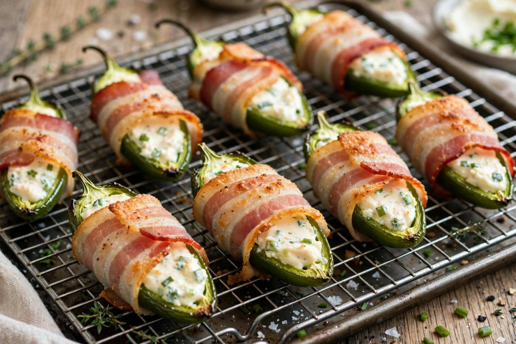 10 Proven Football Game Day Food Ideas (Easy) 9 turkey bacon-wrapped jalapeños freshly baked on a wire rack