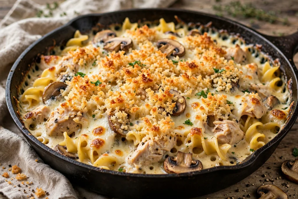 Easy Creamy Chicken Tetrazzini (Irresistible, 65 Min) 4 baked chicken tetrazzini golden breadcrumb topping