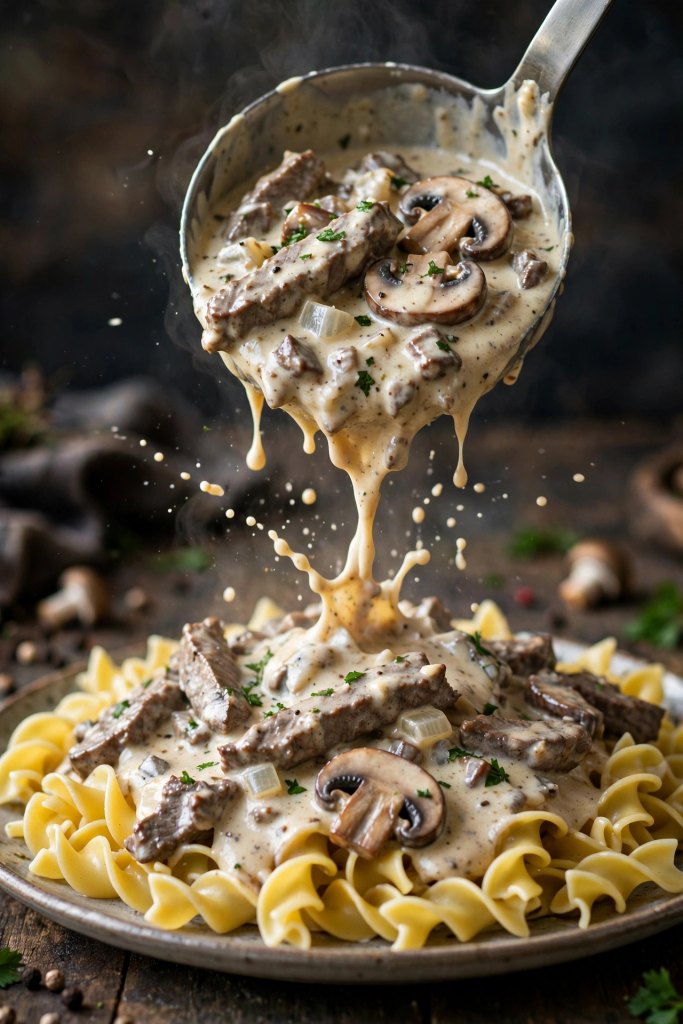 Easy Beef Stroganoff Recipe (Ready in 30 Minutes) 5 close-up of beef stroganoff sauce being spooned over egg noodles