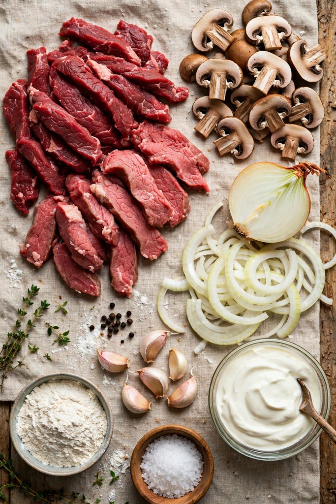 Easy Beef Stroganoff Recipe (Ready in 30 Minutes) 3 raw ingredients for beef stroganoff, including beef, mushrooms, and sour cream