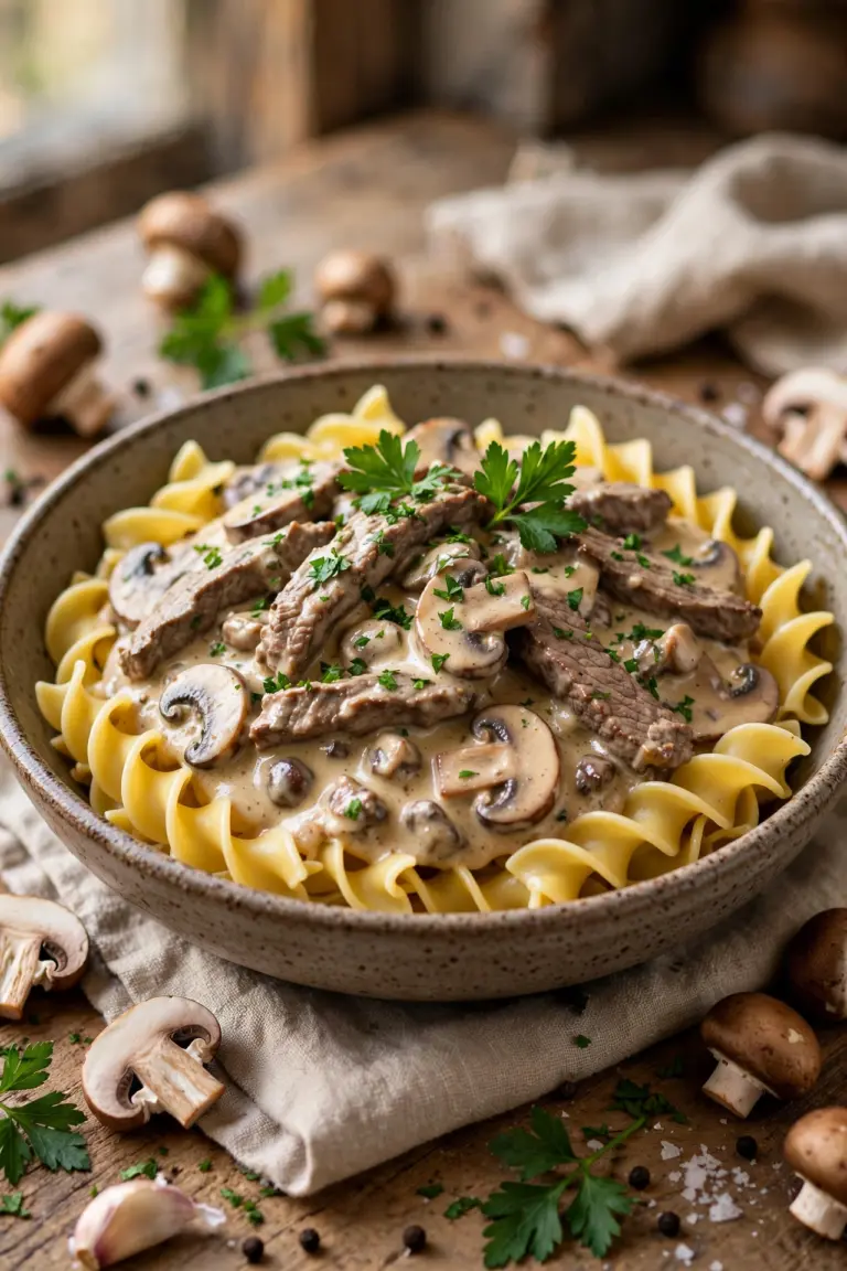 Easy Beef Stroganoff Recipe (Ready in 30 Minutes) 2 Creamy beef stroganoff with tender beef and mushrooms served over egg noodles in a rustic bowl garnished with parsley