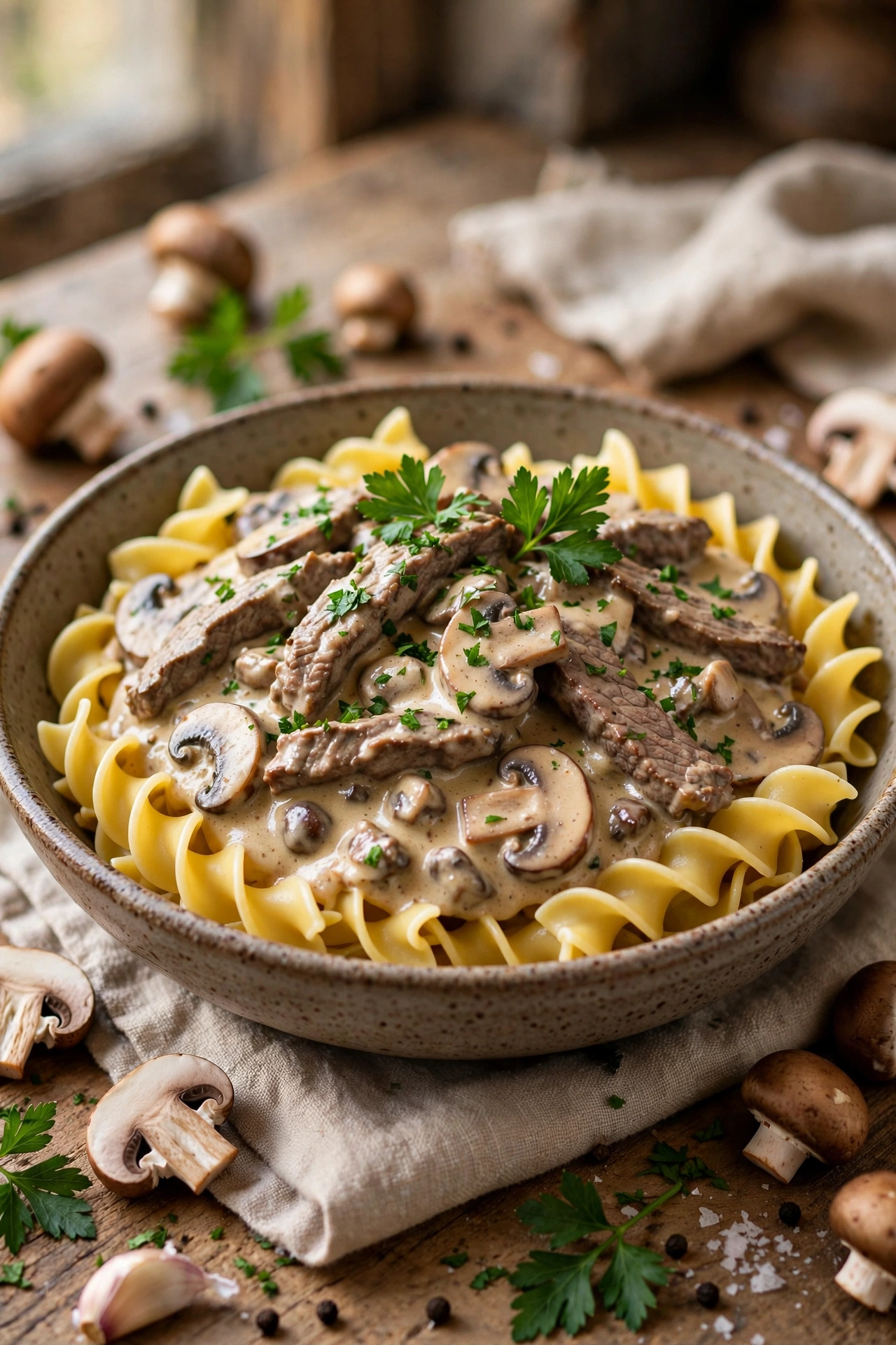 Easy Beef Stroganoff Recipe (Ready in 30 Minutes) 1 Creamy beef stroganoff with tender beef and mushrooms served over egg noodles in a rustic bowl garnished with parsley
