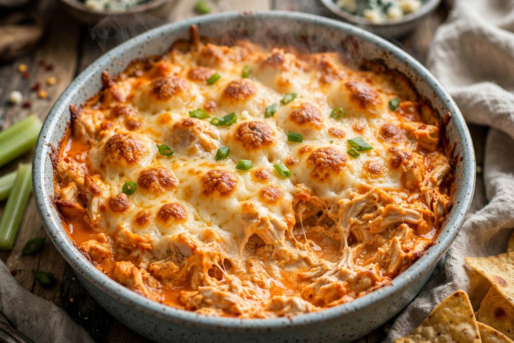 10 Proven Football Game Day Food Ideas (Easy) 6 buffalo chicken dip bubbly and golden in a dish