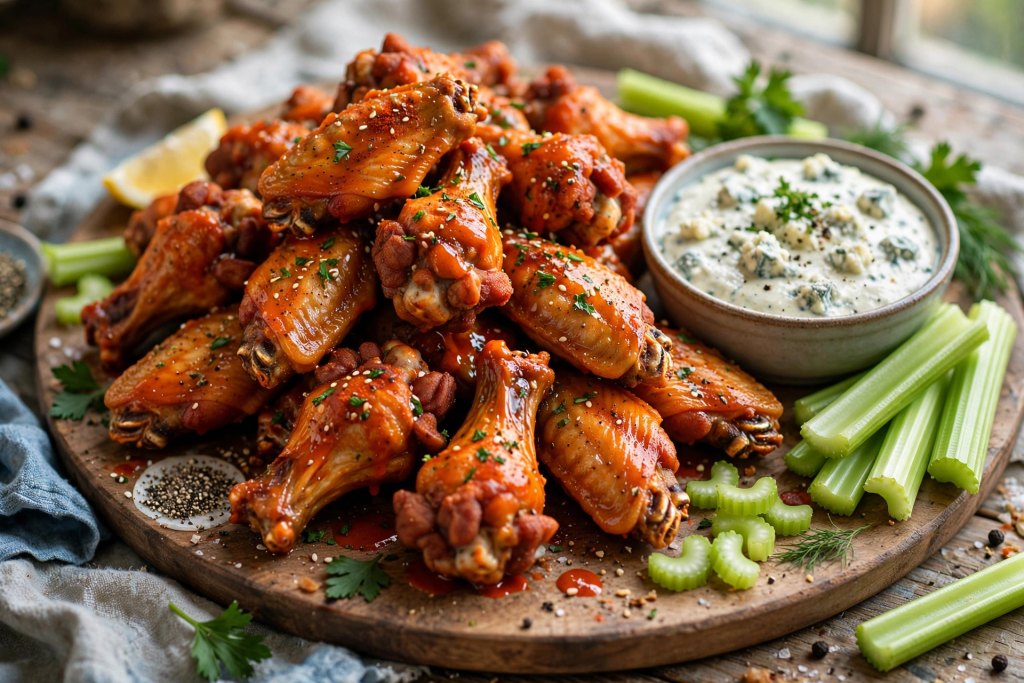 10 Proven Football Game Day Food Ideas (Easy) 1 buffalo chicken wings on a platter with celery and dip on game day food