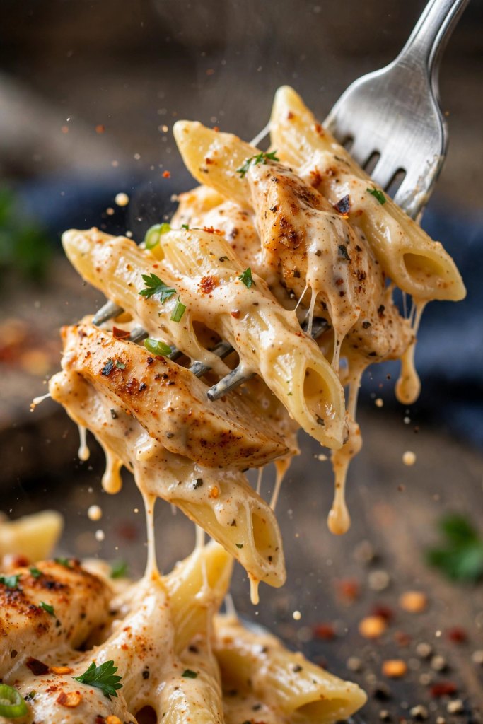 close-up of creamy chicken pasta twirled on a fork showing sauce