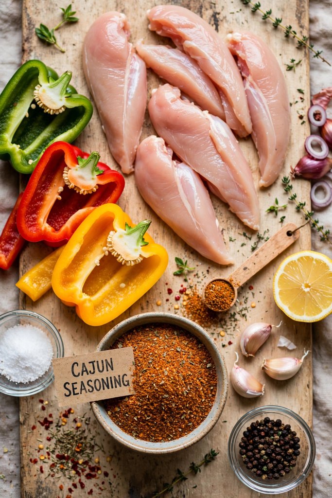 raw ingredients for this dish, including chicken, peppers, and seasoning