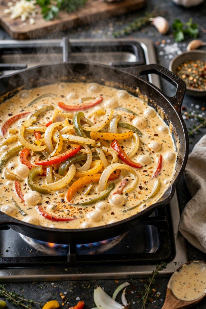 "Cajun cream sauce with peppers and onions simmering in a skillet