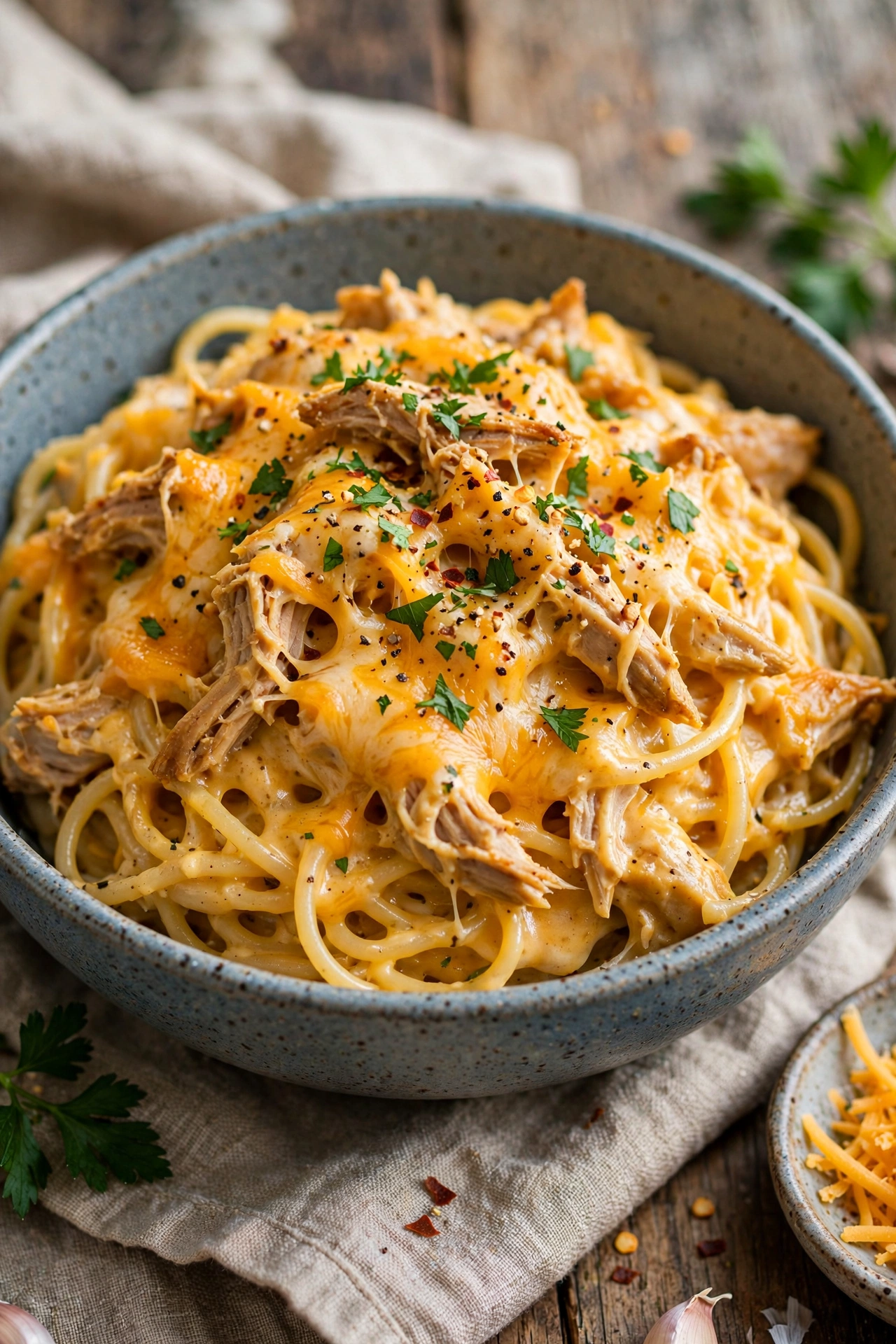 Easy Chicken Spaghetti Recipe (Baked in 30 Minutes) 7 Cheesy chicken spaghetti in blue rustic bowl with shredded chicken and melted cheddar cheese