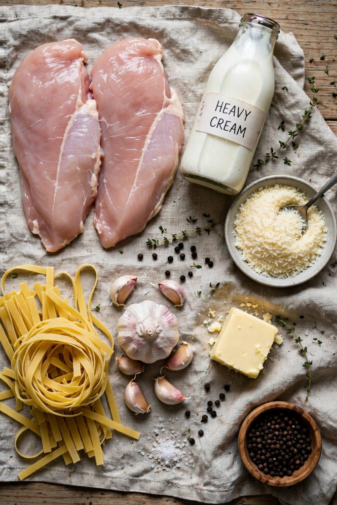 Easy Chicken Alfredo Pasta Recipe (Ready in 30 Minutes) 2 raw ingredients for this recipe, including chicken, cream, and Parmesan