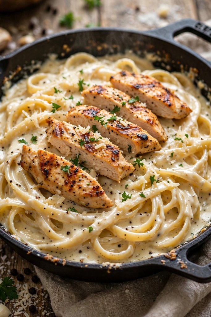 Easy Chicken Alfredo Pasta Recipe (Ready in 30 Minutes) 1 chicken Alfredo pasta in a skillet with glossy cream sauce