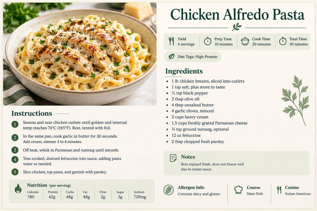 Easy Chicken Alfredo Pasta Recipe (Ready in 30 Minutes) 5 chicken alfredo recipe card