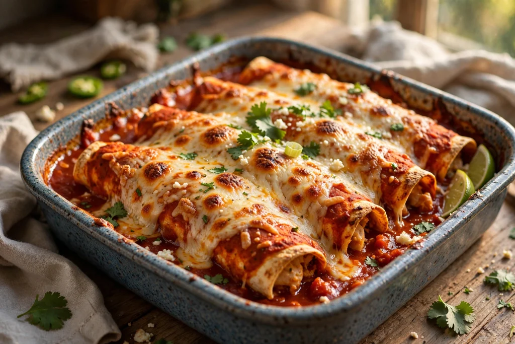 Easy Cheesy Chicken Enchiladas Recipe (Amazing, 50 Min) 4 chicken enchiladas recipe baked.jpg