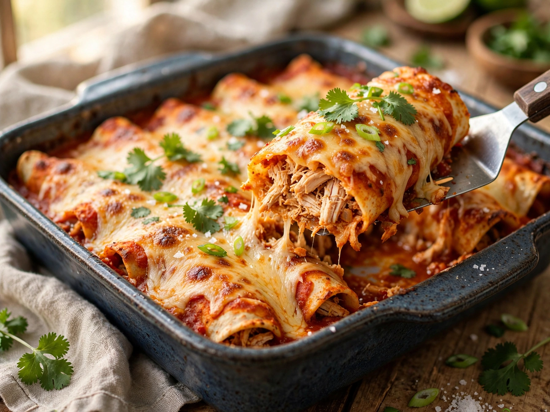 Easy Cheesy Chicken Enchiladas Recipe (Amazing, 50 Min) 1 easy cheesy chicken enchiladas recipe in a baking dish