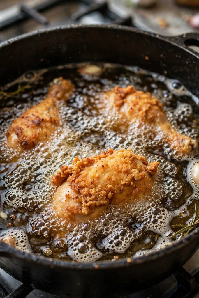 chicken frying in hot oil with a golden crust forming