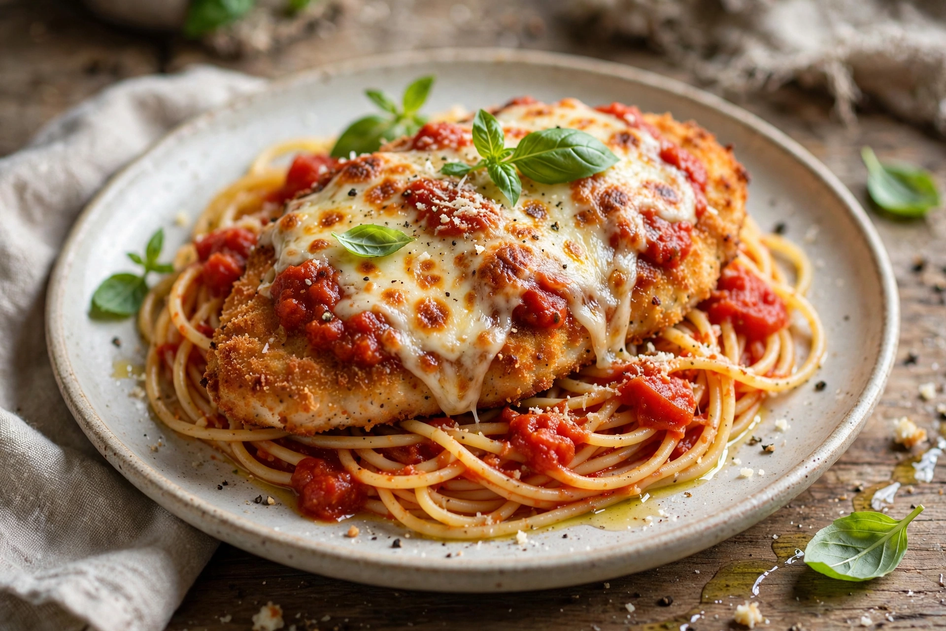 Perfect Chicken Parmesan Recipe (Crispy, 50 Min) 4 chicken parmesan recipe served over pasta