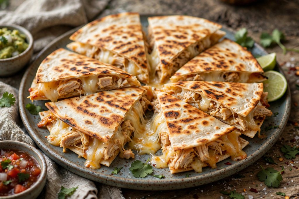 10 Proven Football Game Day Food Ideas (Easy) 7 chicken quesadillas cut into wedges on a platter