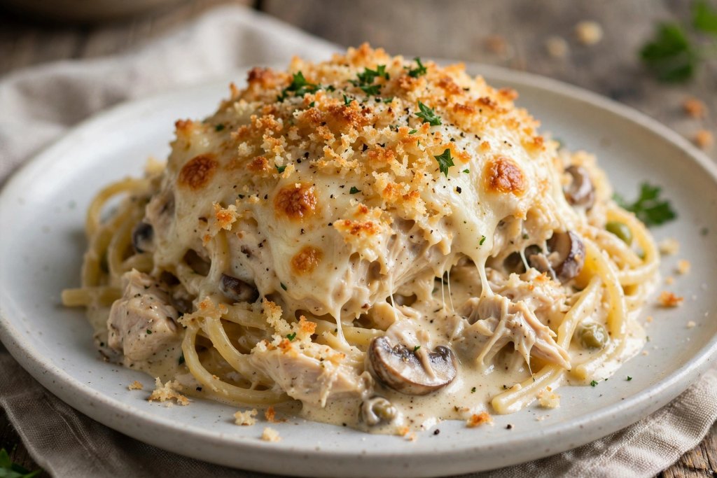 Easy Chicken Spaghetti Recipe (Baked in 30 Minutes) 6 a scoop of creamy baked pasta on a plate with melted cheese
