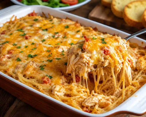 Easy Chicken Spaghetti Recipe (Baked in 30 Minutes) 2 chicken spaghetti in a casserole dish with bubbly melted cheese