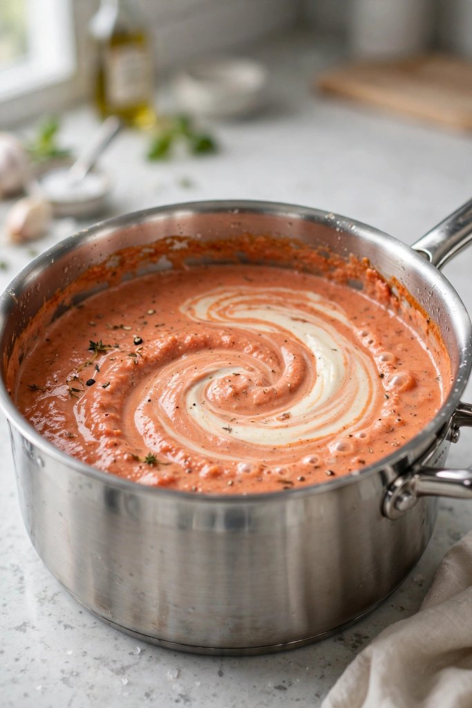 Easy Chicken Spaghetti Recipe (Baked in 30 Minutes) 4 creamy tomato and chicken broth sauce thickening in a pot
