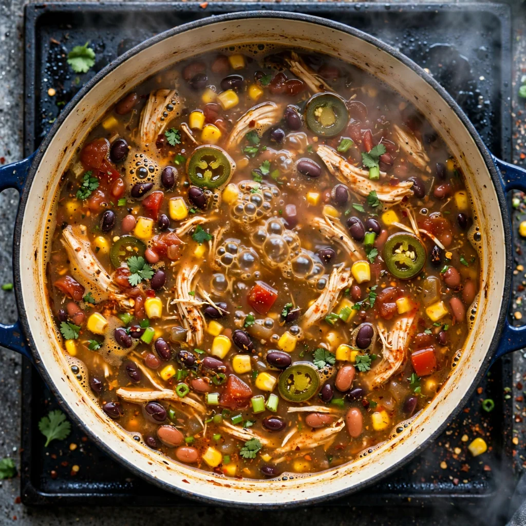 Best Chicken Taco Soup Recipe (Irresistible, 40 Min) 3 chicken taco soup recipe simmering in a pot