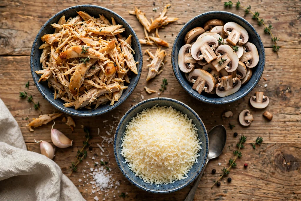 Easy Creamy Chicken Tetrazzini (Irresistible, 65 Min) 2 mise en place for chicken tetrazzini recipe