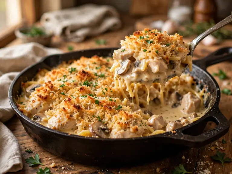 Easy Creamy Chicken Tetrazzini (Irresistible, 65 Min) 10 creamy chicken tetrazzini recipe in skillet
