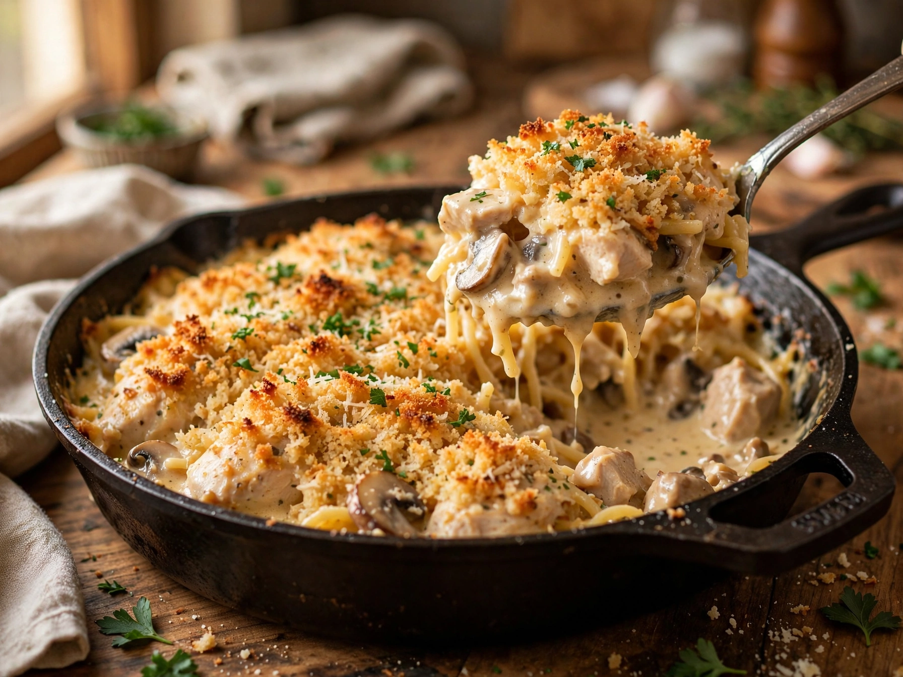 Easy Creamy Chicken Tetrazzini (Irresistible, 65 Min) 5 creamy chicken tetrazzini recipe in skillet