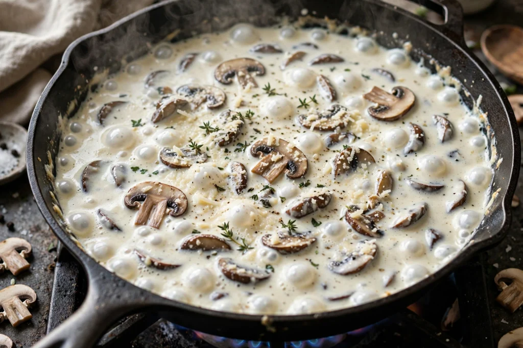 Easy Creamy Chicken Tetrazzini (Irresistible, 65 Min) 3 chicken tetrazzini cream sauce with mushrooms in skillet