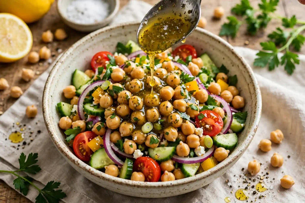 Quick Chickpea Salad Recipe (Incredible, 30 Min) 3 chickpea salad recipe being tossed with lemon dressing