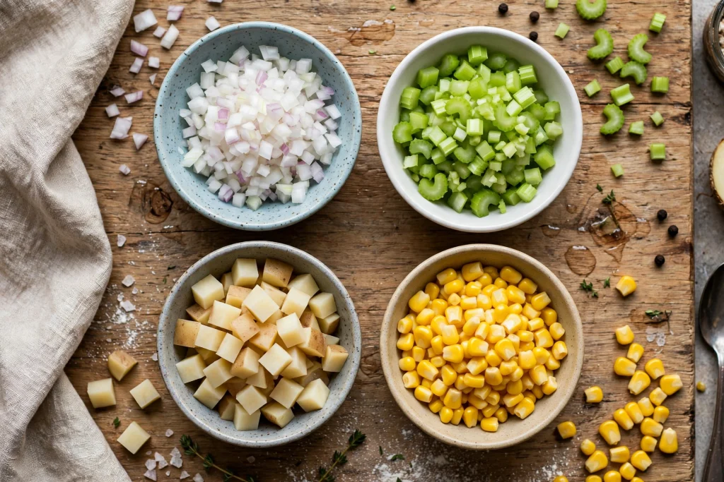 mise en place for corn chowder recipe