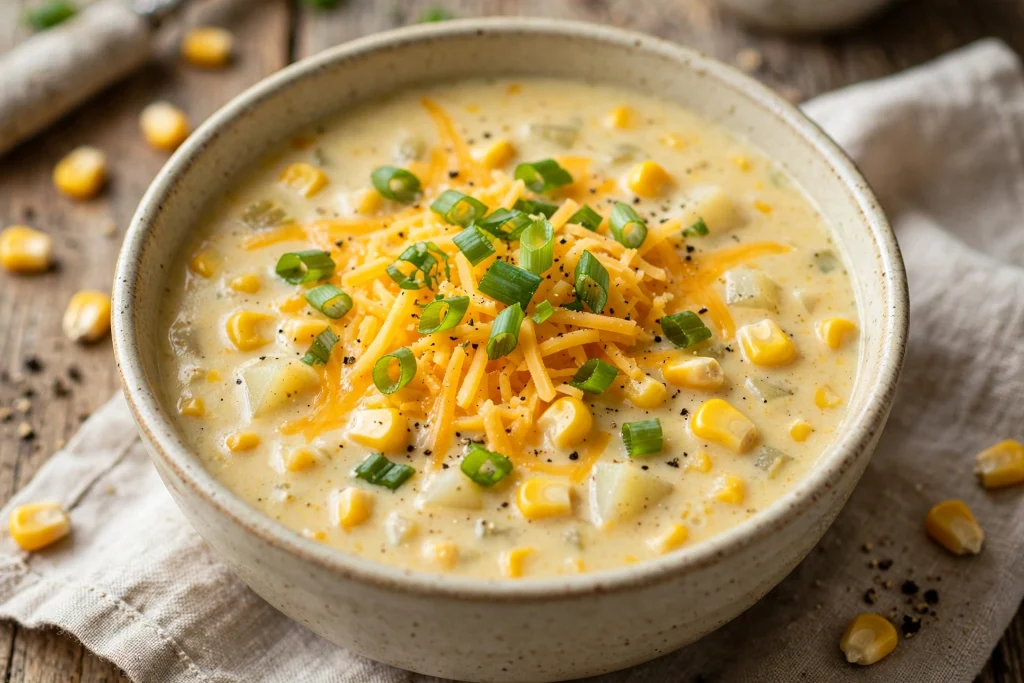 corn chowder recipe topped with cheddar and green onions