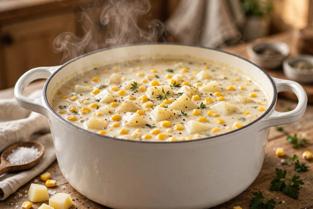 creamy corn chowder simmering in a pot