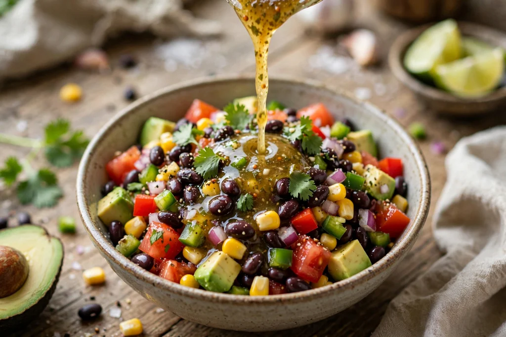 cowboy caviar recipe dressing being tossed with beans and vegetables