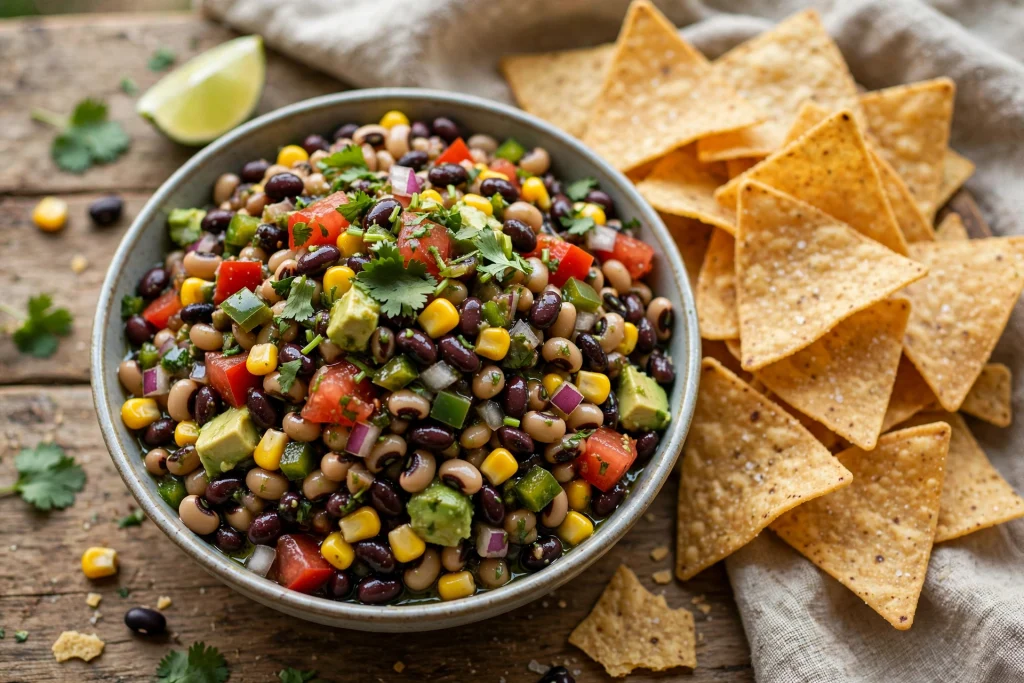 cowboy caviar recipe served with tortilla chips