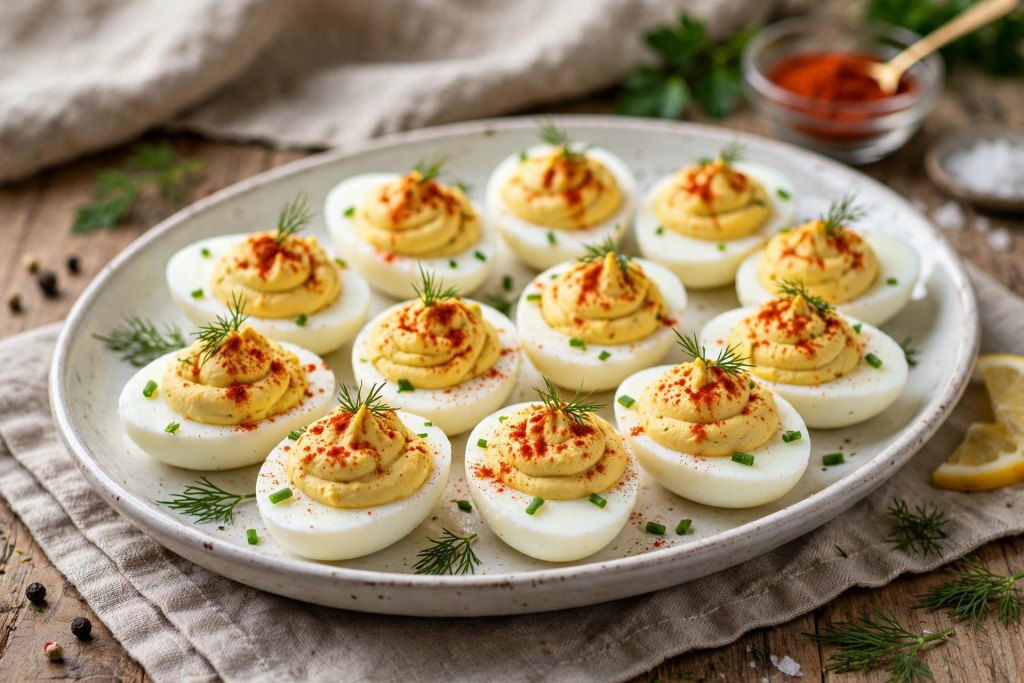 10 Proven Football Game Day Food Ideas (Easy) 8 "Deviled eggs on a platter garnished with paprika