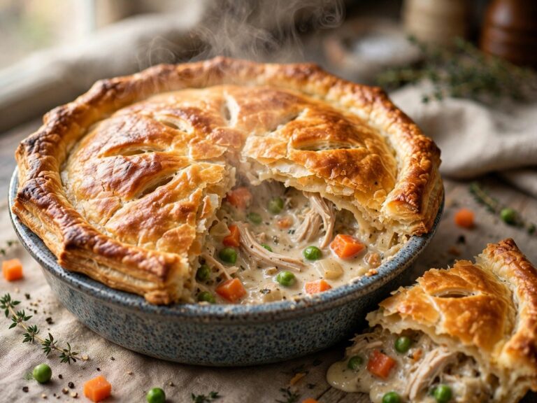 baked chicken pot pie with golden pastry and creamy filling