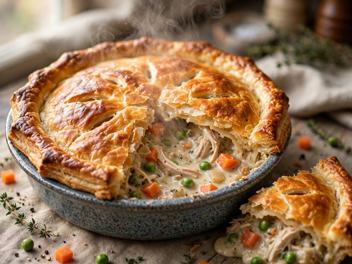 Foolproof Easy Chicken Pot Pie (One Pan, 50 Minutes) 1 baked chicken pot pie with golden pastry and creamy filling
