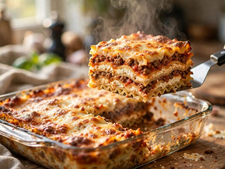 slice of lasagna lifted from the pan showing distinct layers