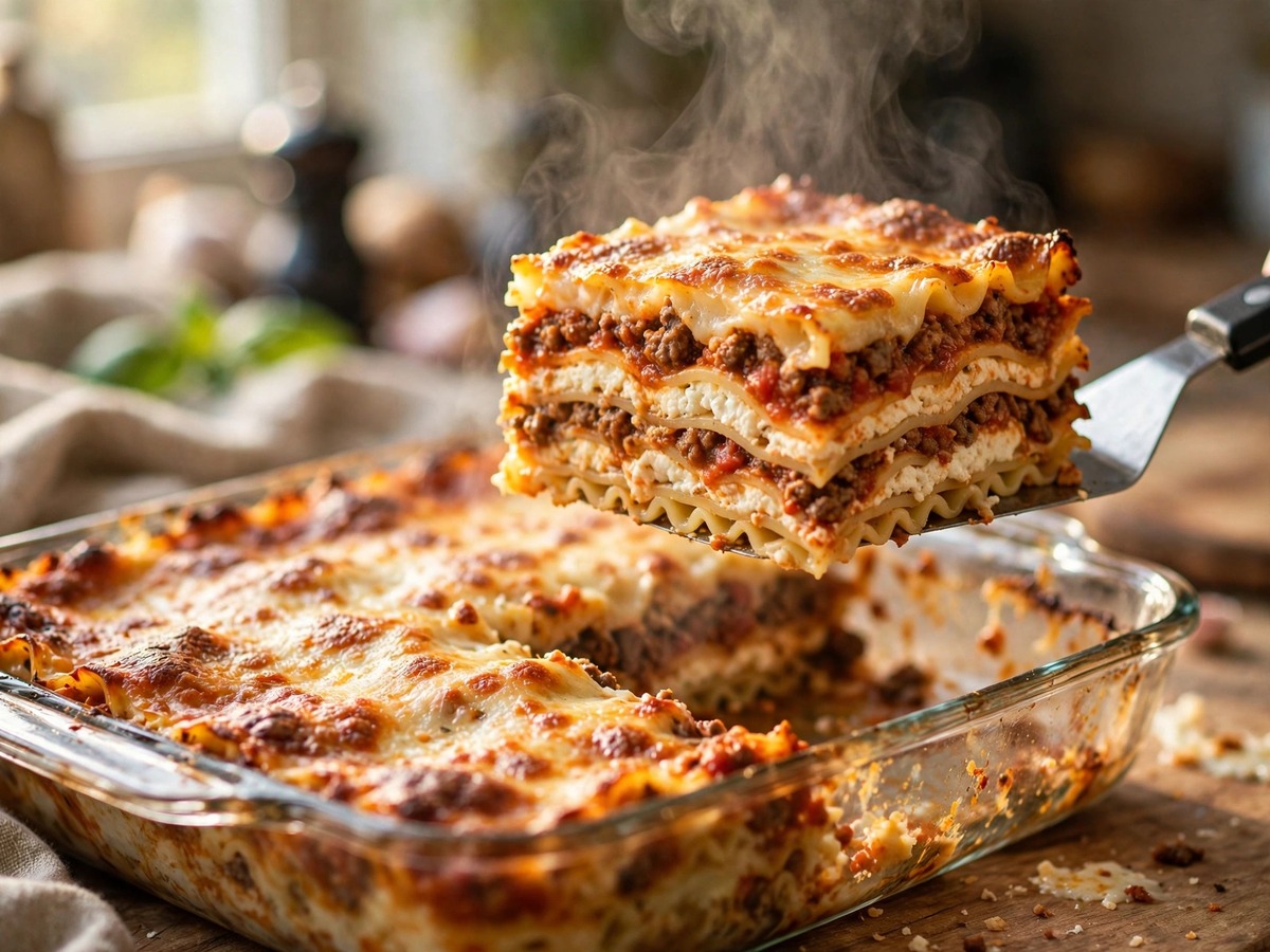 slice of lasagna lifted from the pan showing distinct layers