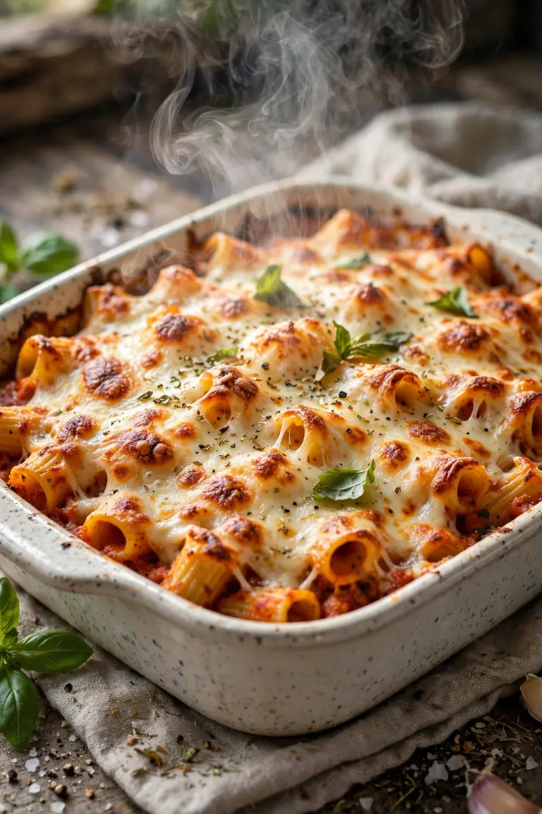 Easy Chicken Spaghetti Recipe (Baked in 30 Minutes) 1 Creamy cheesy chicken spaghetti in rustic bowl with shredded chicken and melted cheddar cheese