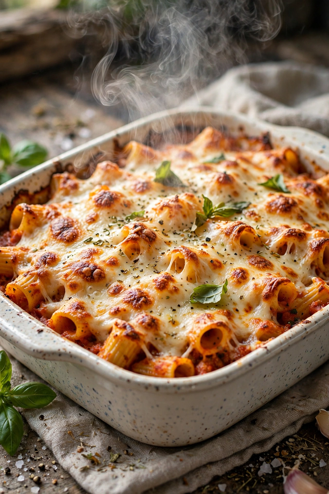 Easy Chicken Spaghetti Recipe (Baked in 30 Minutes) 1 Creamy cheesy chicken spaghetti in rustic bowl with shredded chicken and melted cheddar cheese
