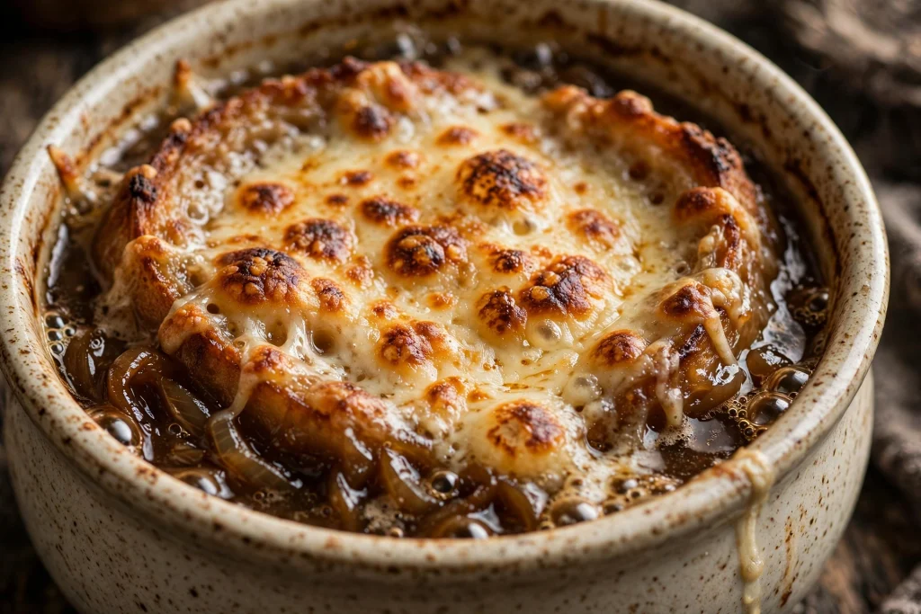 Perfect French Onion Soup Recipe (85 Minutes) 4 French onion soup with melted bubbling Gruyère cheese