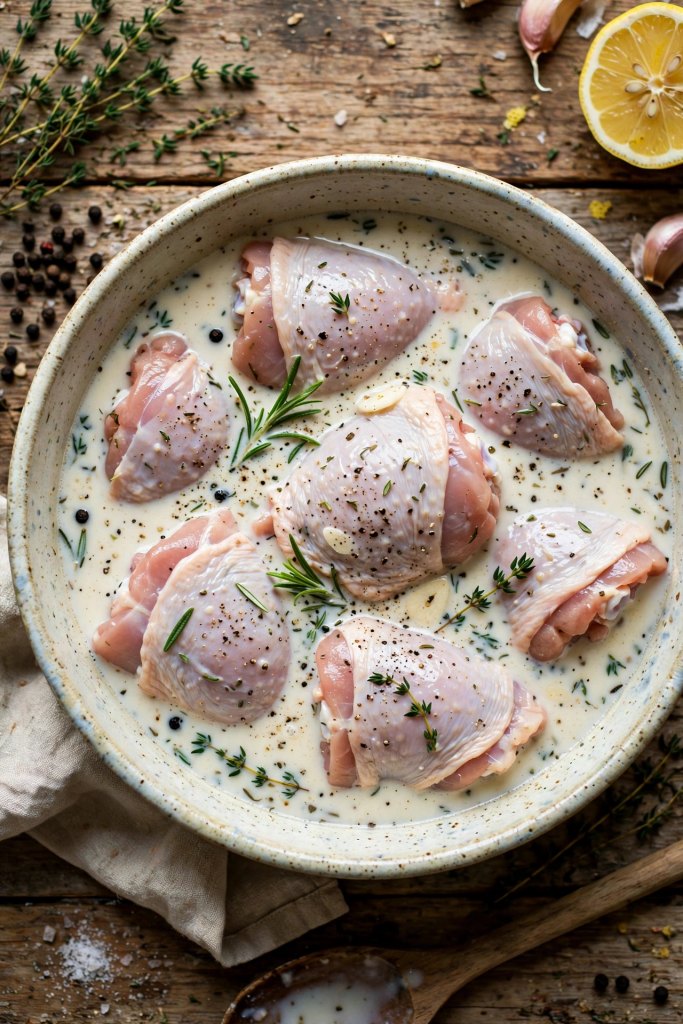 raw chicken pieces soaking in buttermilk marinade