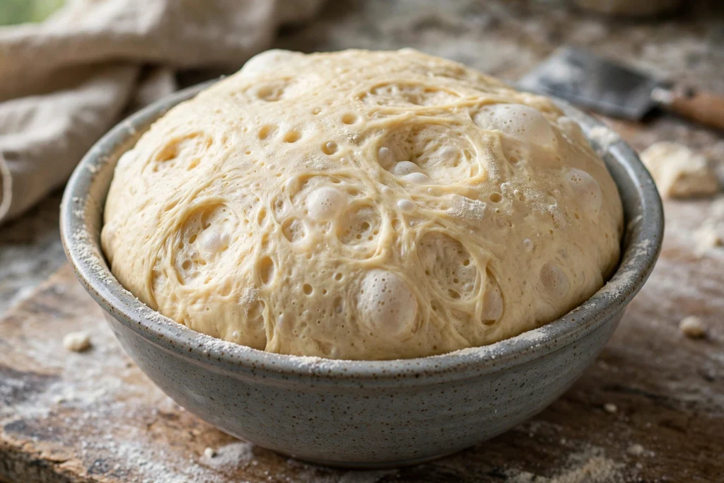 Foolproof Pizza Dough Recipe (Homemade, 105 Min) 3 risen homemade pizza dough in a bowl