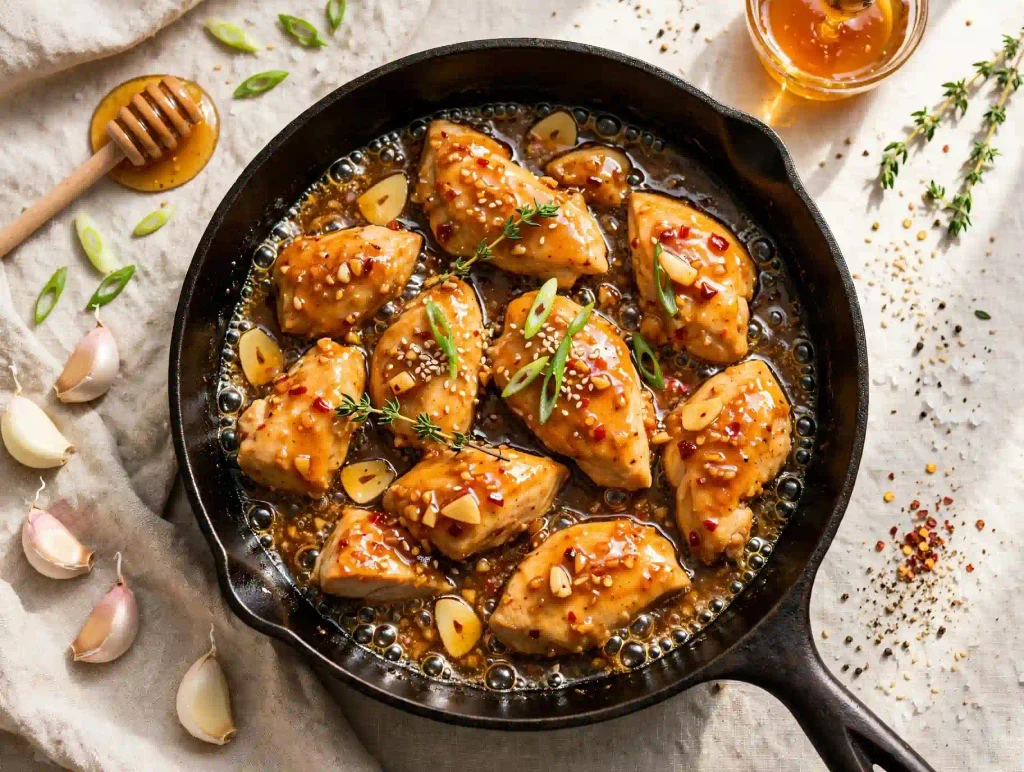 Easy Ultimate Honey Garlic Chicken Recipe (30 Min) 2 honey garlic chicken recipe simmering in glossy sauce