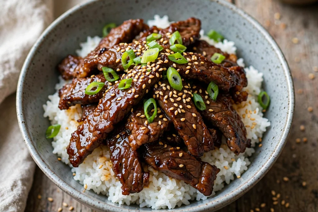 Best Korean Beef Bowl Recipe (Irresistible, 30 Min) 4 Korean beef bowl recipe with rice and green onions