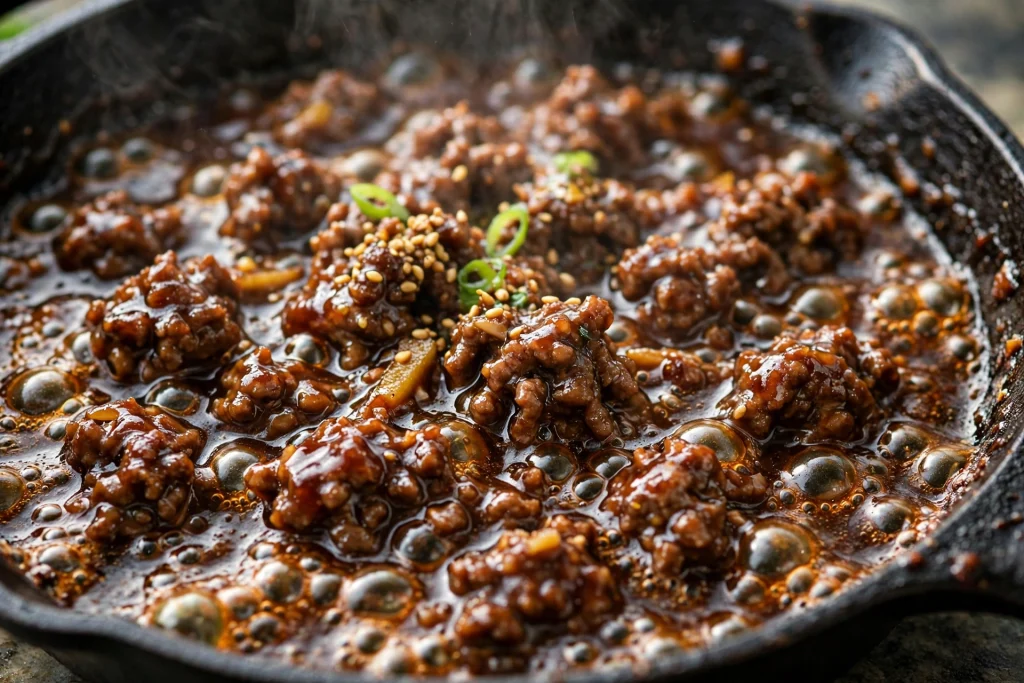 Best Korean Beef Bowl Recipe (Irresistible, 30 Min) 3 Korean beef bowl beef simmering in glossy sauce